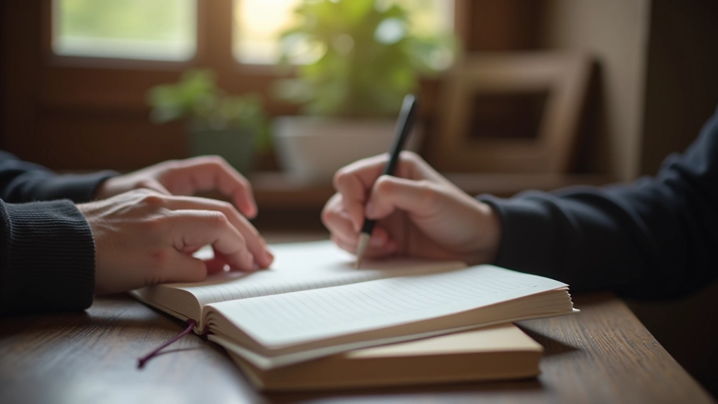 Person journaling thoughtfully with pen and notebook