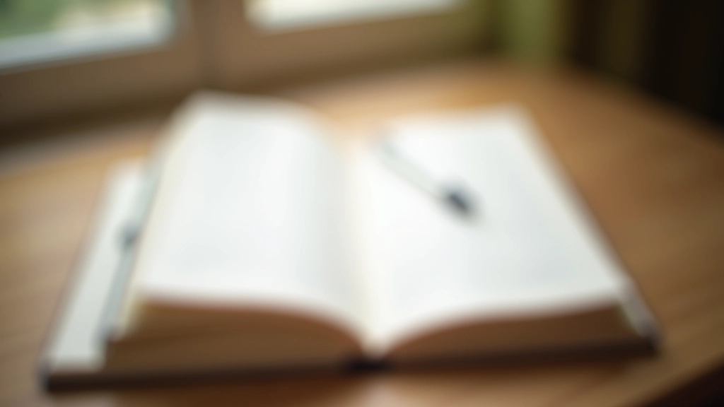 Open journal with writing tools on a wooden table, peaceful writing environment with natural light