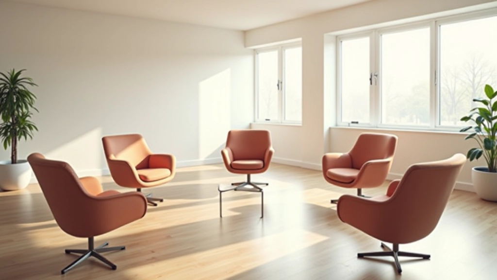 Professional workshop space with chairs arranged for group learning, bright clean environment ready for sessions