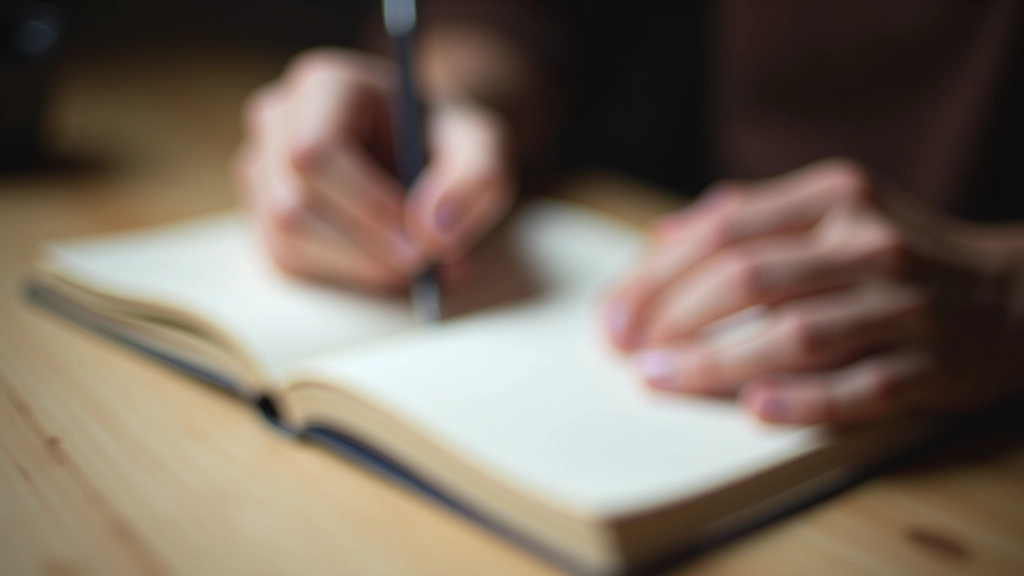 Hands writing in journal with pen, close-up shot, natural wooden desk, warm afternoon lighting