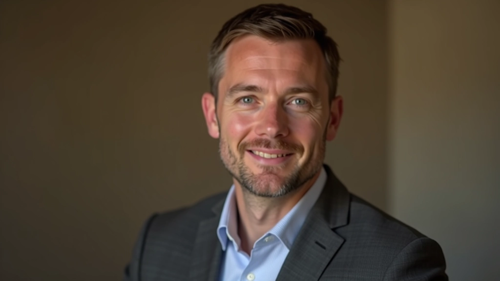 Professional portrait of male workshop facilitator with approachable expression, warm lighting, open posture