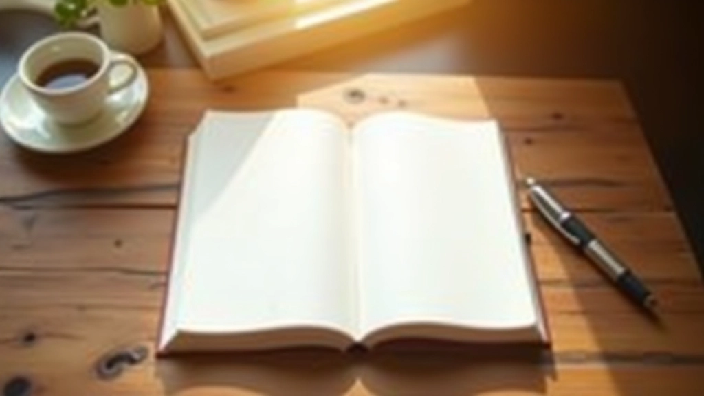 Open journal on wooden table with pen, writing space for reflection, warm natural lighting