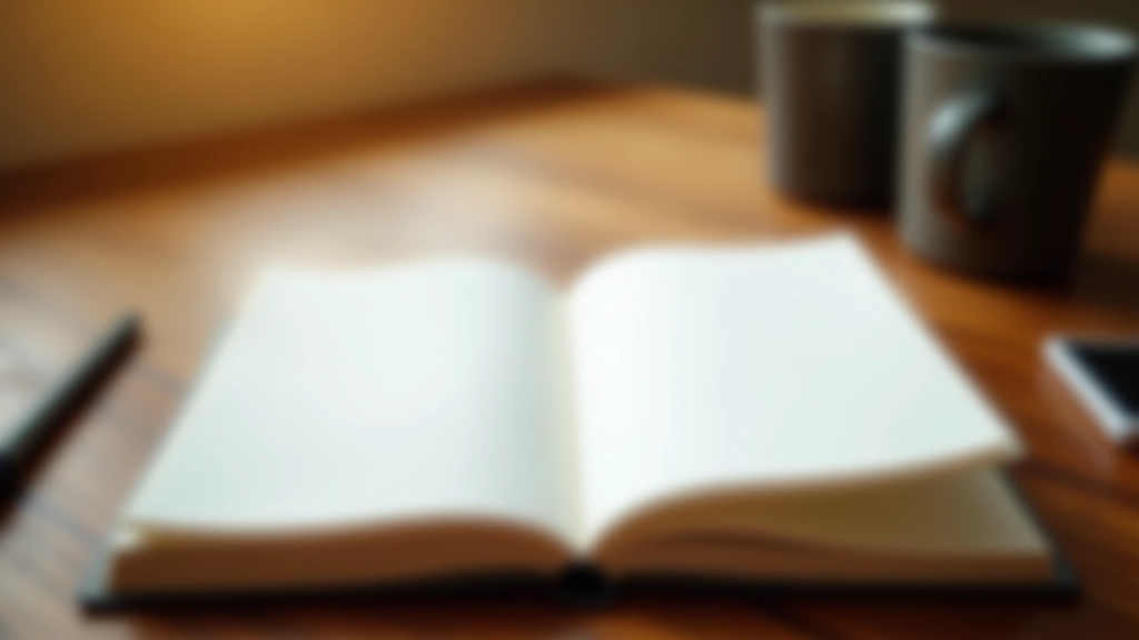 Open journal with pen on wooden table, soft lighting, peaceful writing space with minimal decoration