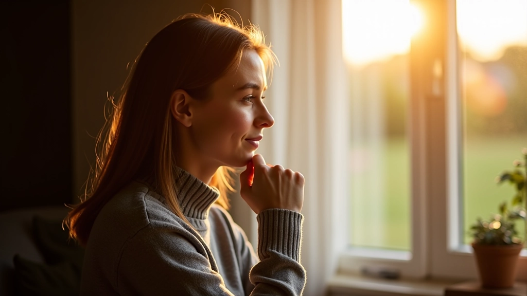 Person sitting thoughtfully by window with warm sunlight, hand on chin, contemplative pose, peaceful interior space
