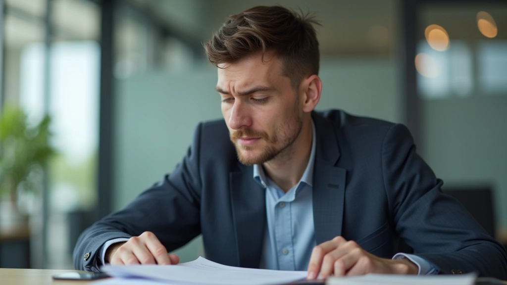Person at desk with tension visible in shoulders and neck, stressed facial expression, cluttered workspace background