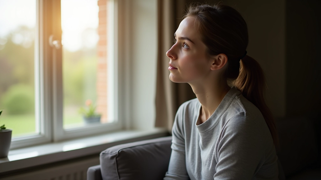 Person sitting peacefully by window with natural light, contemplative moment, serene indoor setting