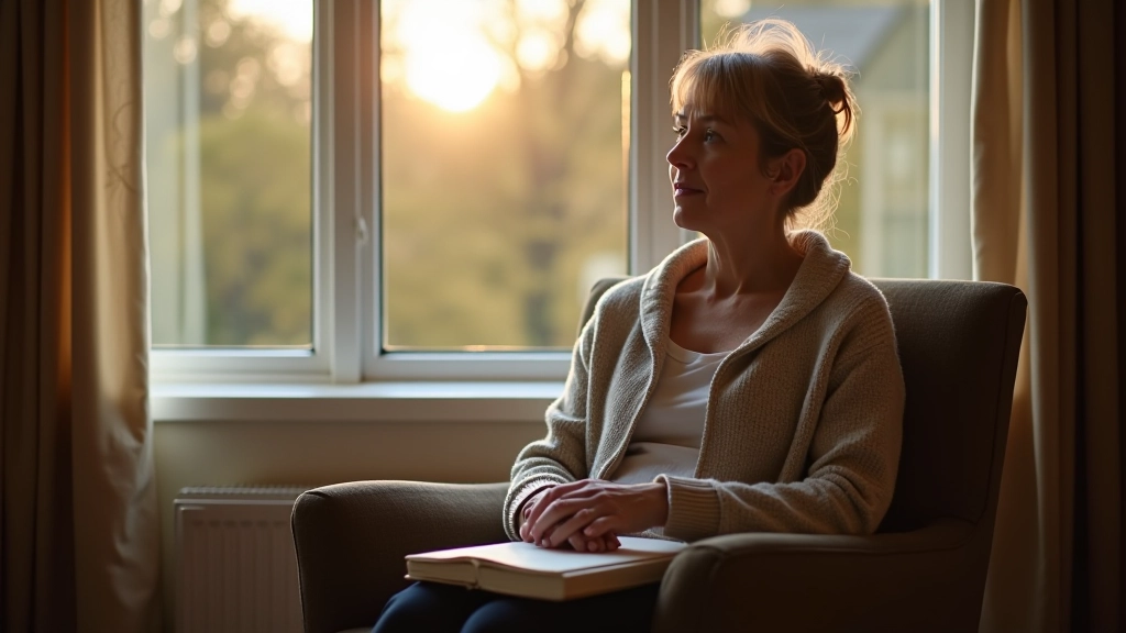 Person aged 40 sitting on comfortable chair near window with journal, reflective pose, warm natural light, peaceful indoor setting