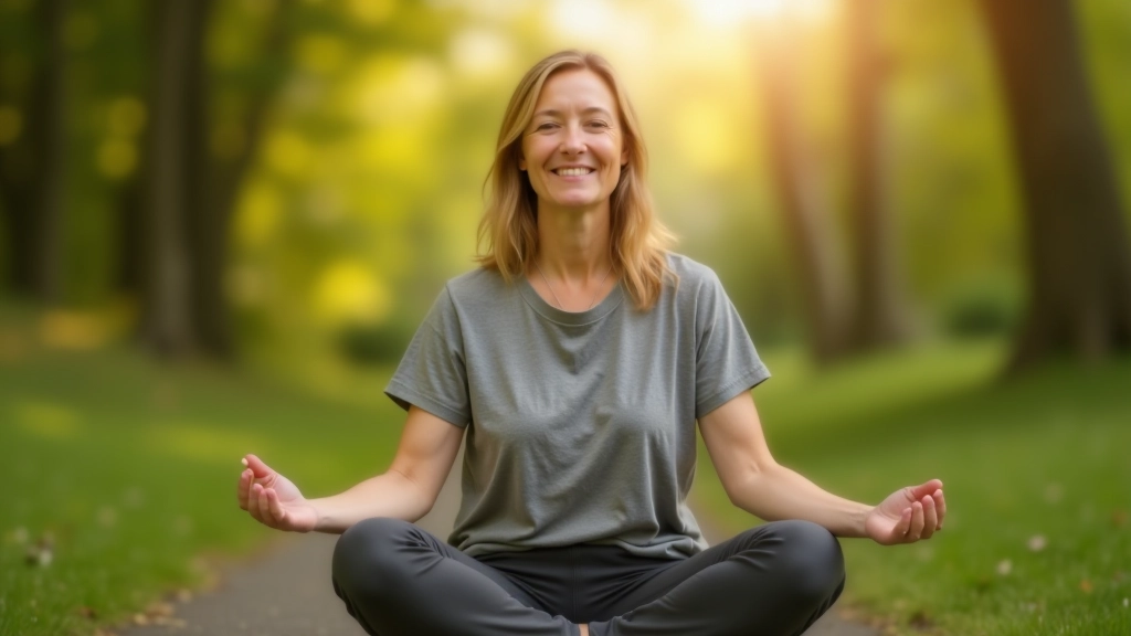 Person in peaceful meditation or relaxation pose, calm facial expression, serene environment with natural elements