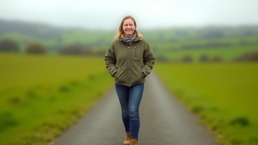 Person walking on clear path through green landscape, confident posture, forward movement, natural outdoor setting