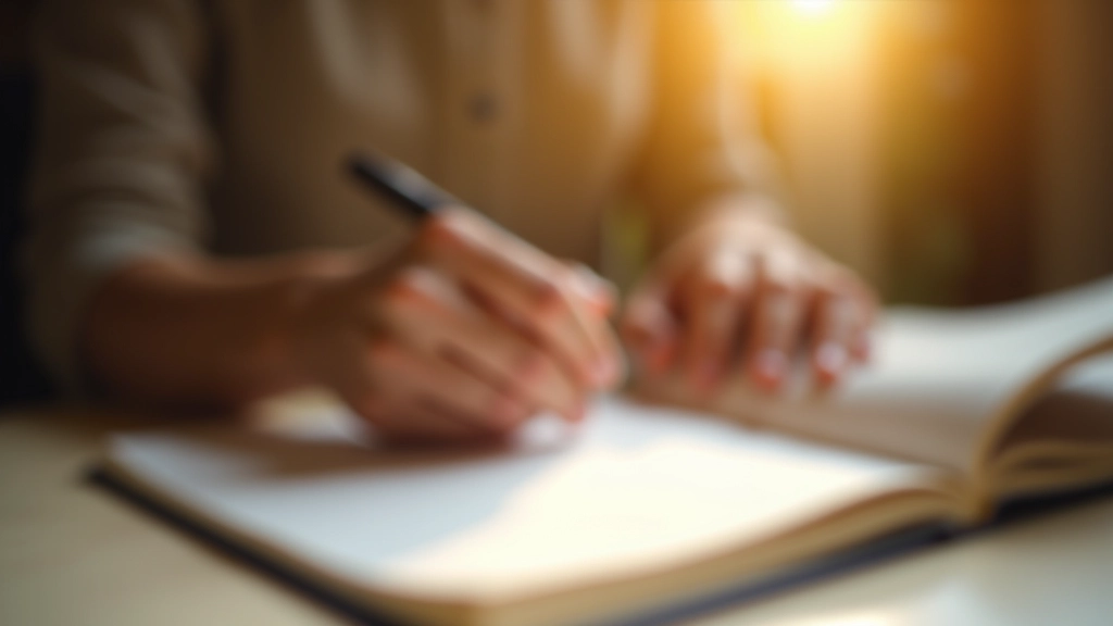 Hands writing in journal with pen, close-up on paper with words, sunlit workspace, expressive writing scene