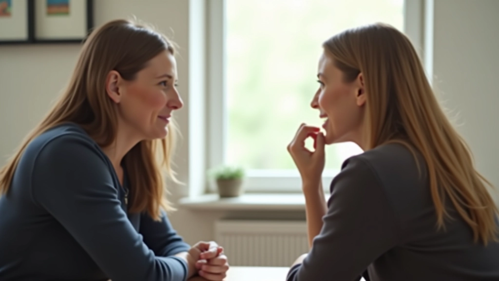 Two people having a thoughtful conversation in a bright, modern space
