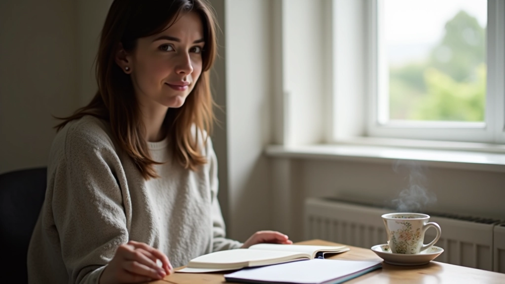 Woman aged 35 sitting at desk with journal and tea cup, peaceful expression, bright natural window light, calm workspace