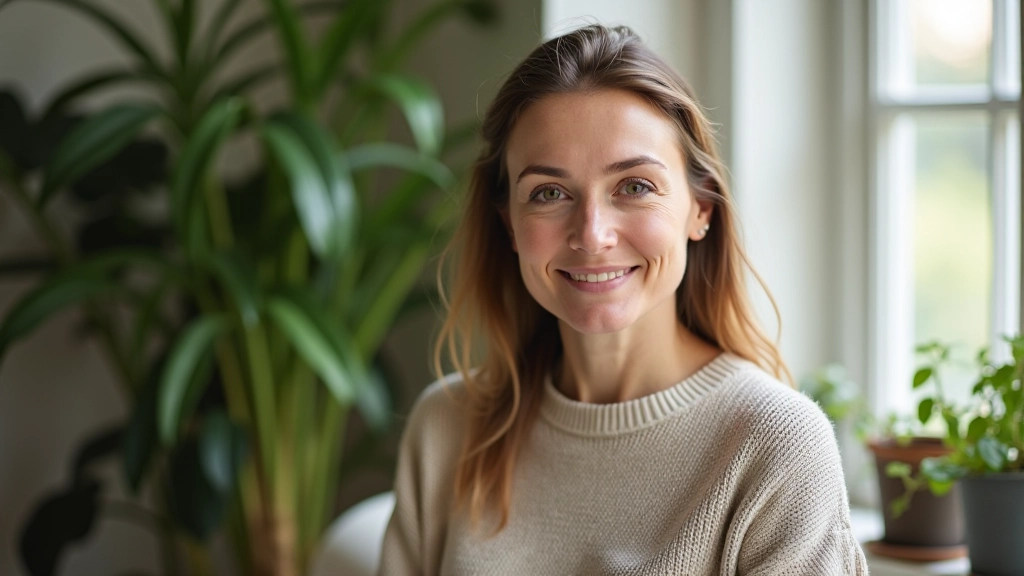 Woman sitting peacefully by a window with natural light, reflective posture, calming environment with plants