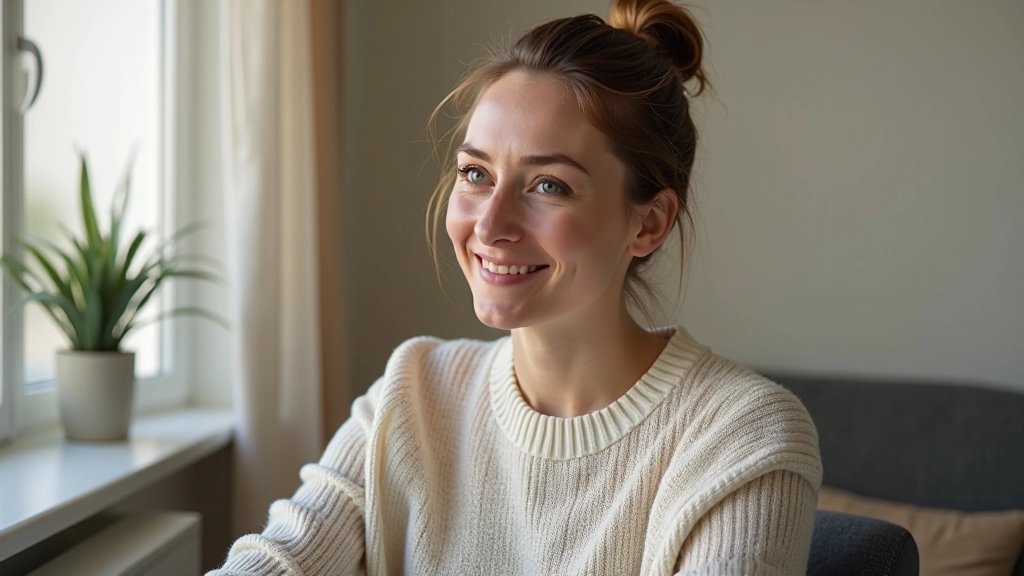 Person in comfortable clothing, relaxed posture, peaceful expression, natural indoor lighting